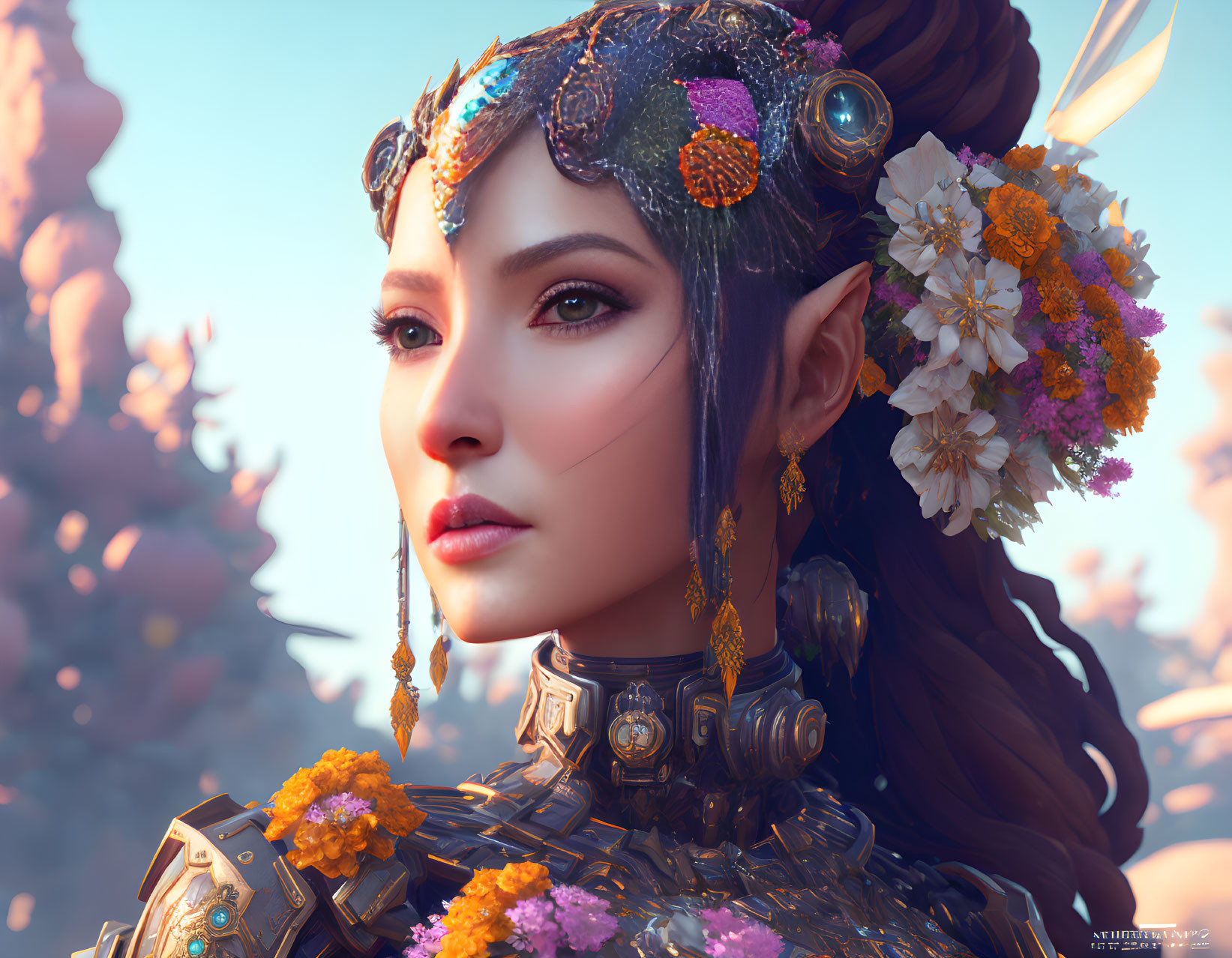 Detailed digital artwork: Elf in ornate armor with floral decorations