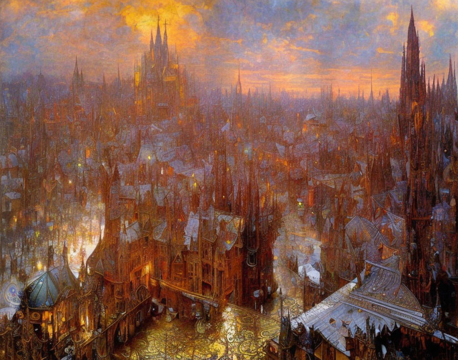 Fantastical gothic cityscape at sunset with towering spires