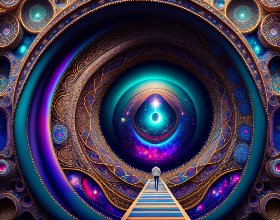 Surreal digital art: person on bridge approaching cosmic gateway