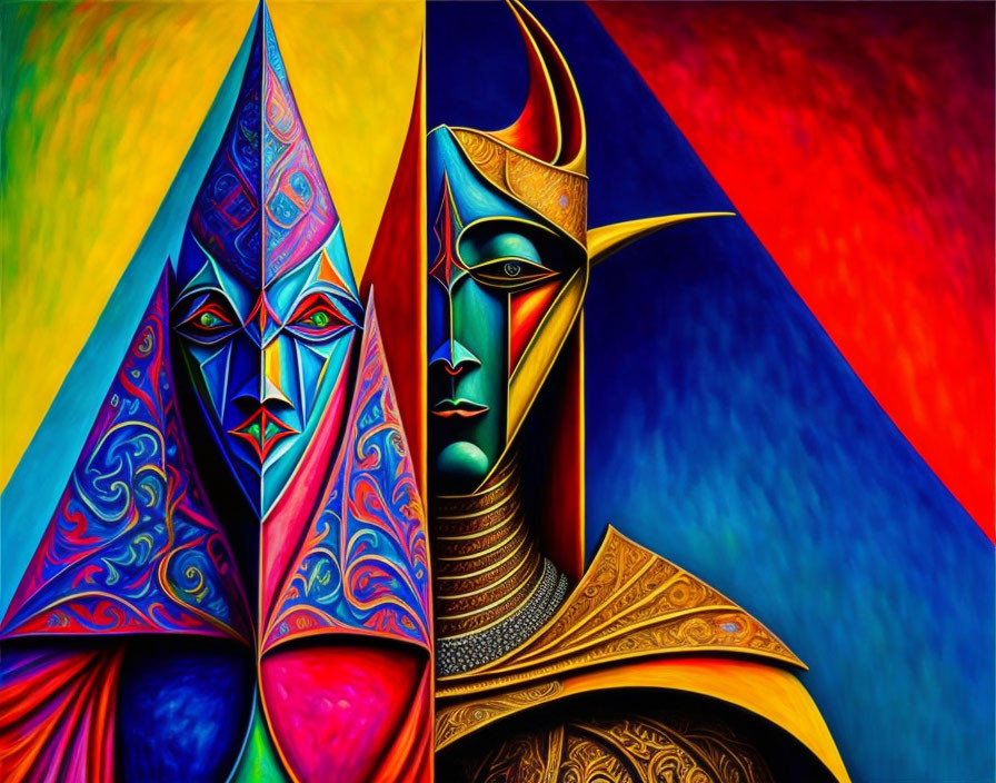 Colorful Abstract Art: Stylized Triangular-Faced Figures in Vibrant Red, Blue,