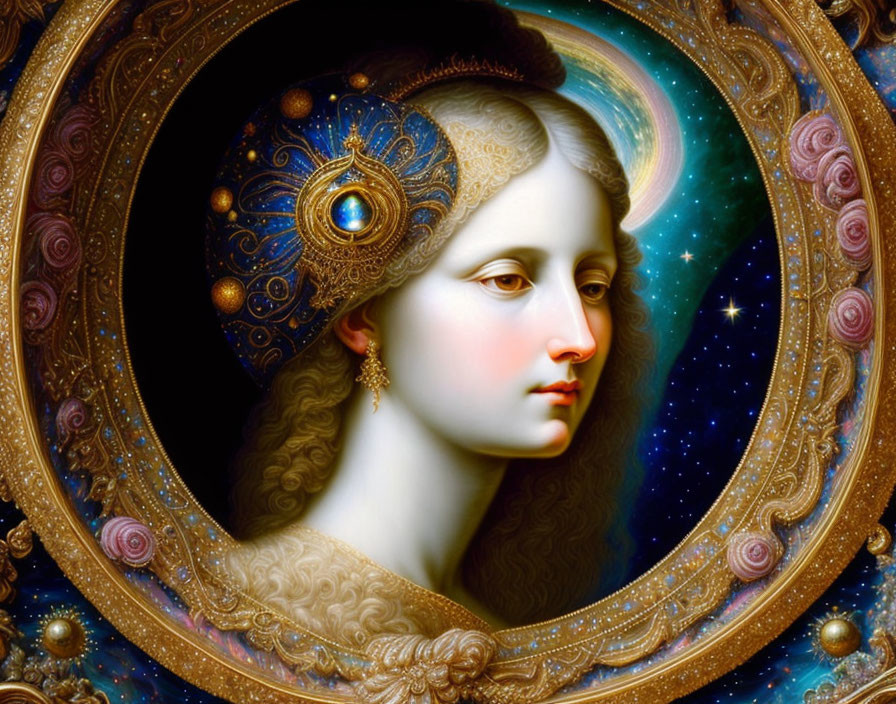 Fair-skinned woman portrait with celestial ornate border on starry night background