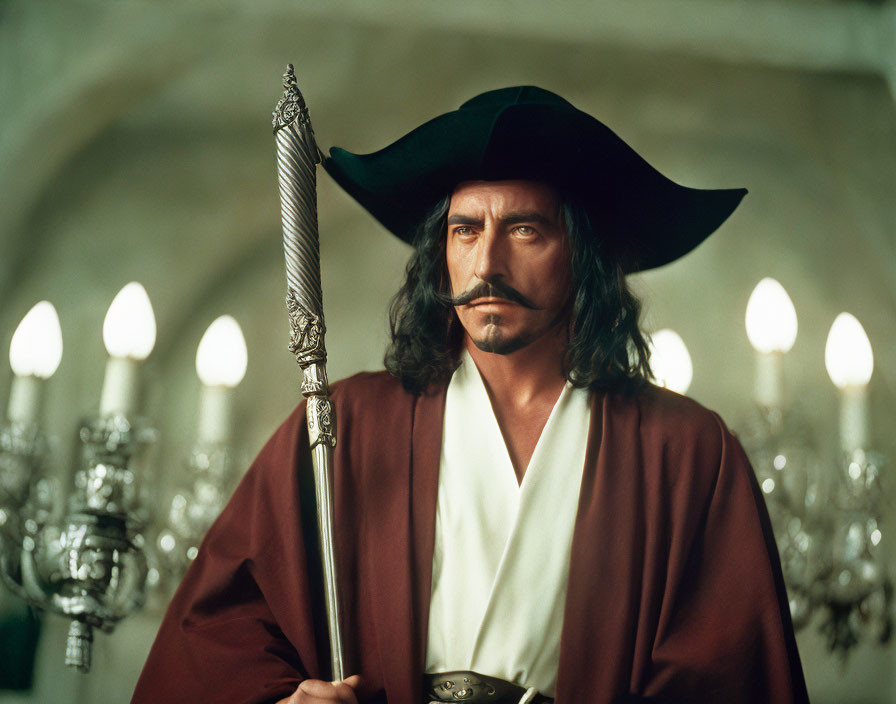 Swashbuckler man with sword, hat, mustache, and goatee in candlelit