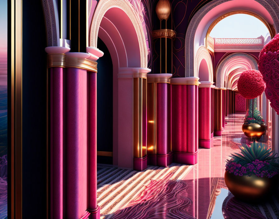 Luxurious Purple and Gold Corridor with Ornate Architecture and Floral Decor under Sunset Sky