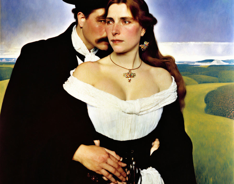 Man embracing woman in rural landscape, both in period clothing.