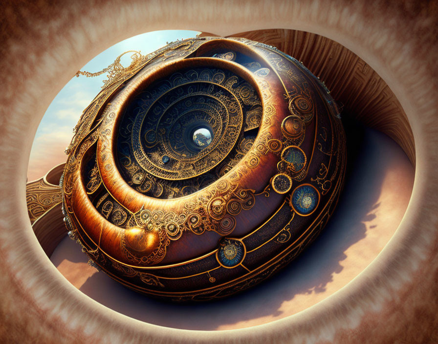 Ornate spherical mechanical object with golden designs and central eye on dramatic sky background