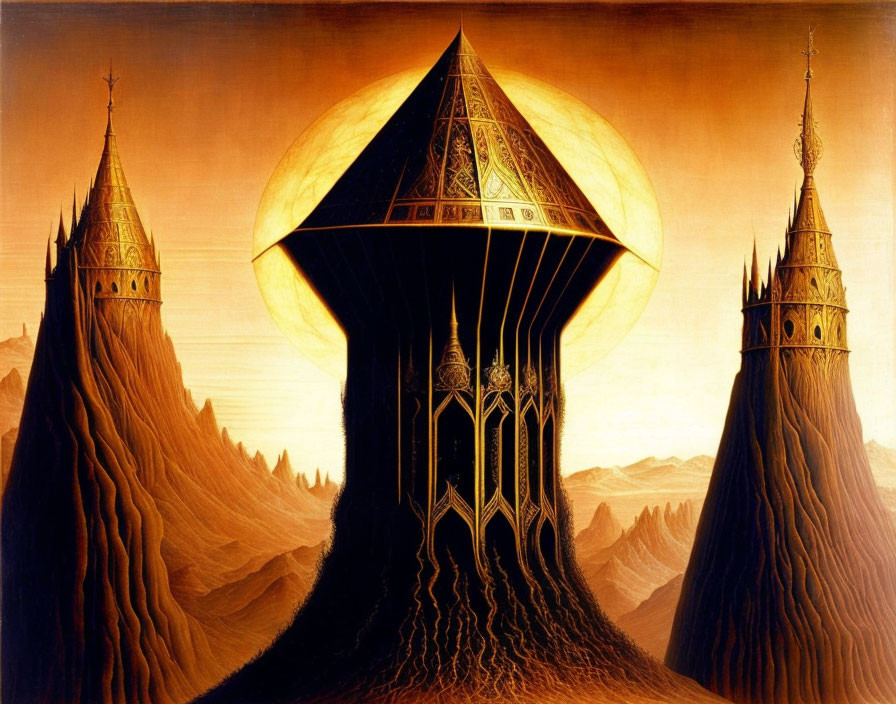 Fantastical landscape with spire-like structures and floating orb in golden sunset glow