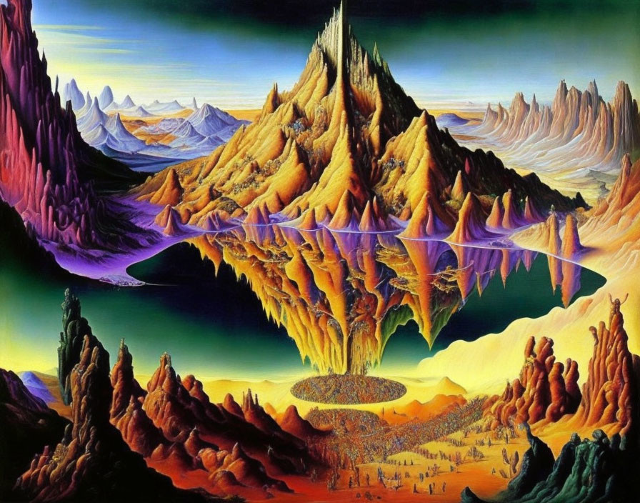 Vibrant surreal landscape painting: floating mountain, purple structures, distant peaks