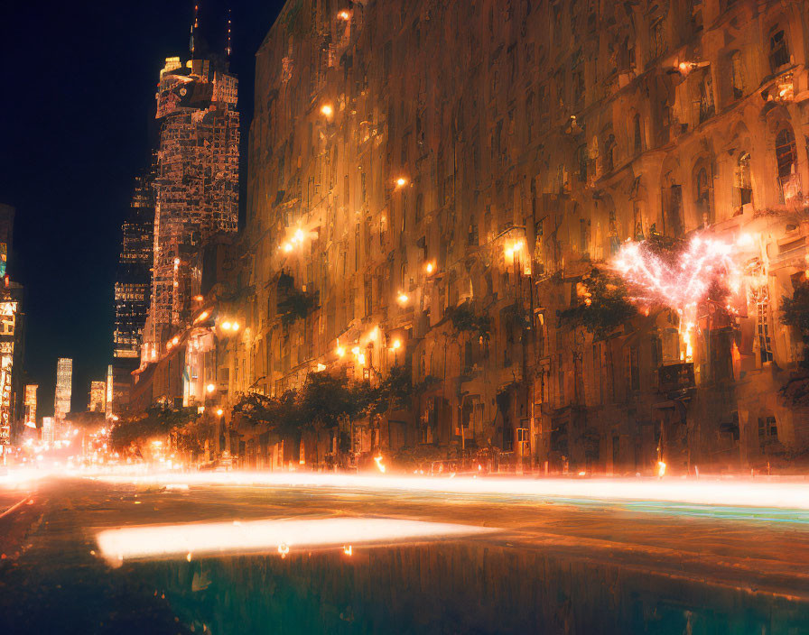 Urban night cityscape with illuminated buildings and streaks of light on glossy surface