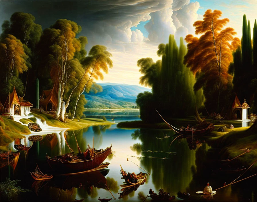 Tranquil lake scene with boats and people in lush setting