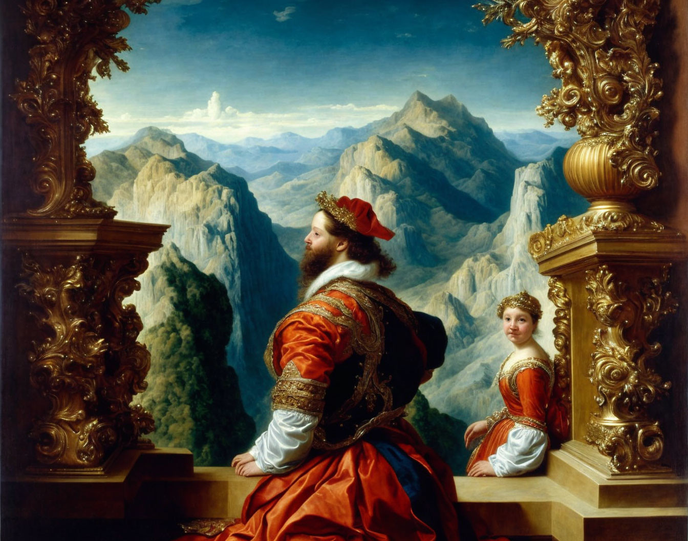 Regal man and lady on balcony overlooking mountain landscape