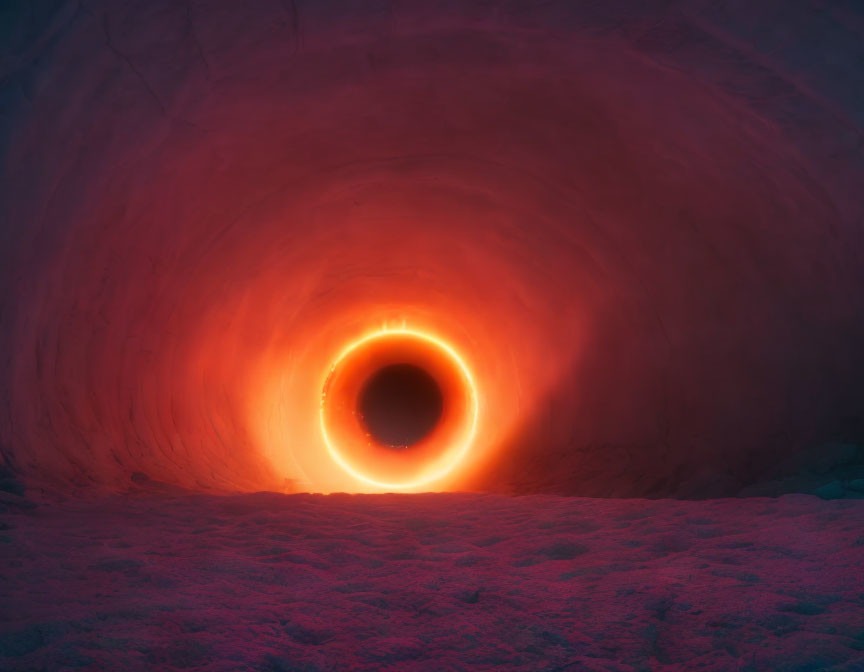 Icy tunnel illuminated by warm orange light