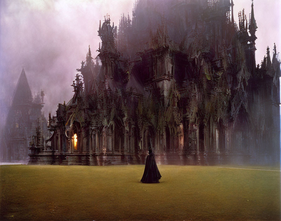 Mysterious figure in dark cloak at gothic cathedral in mist