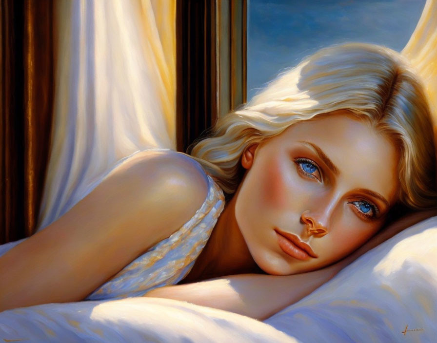 Blonde woman with blue eyes resting by window