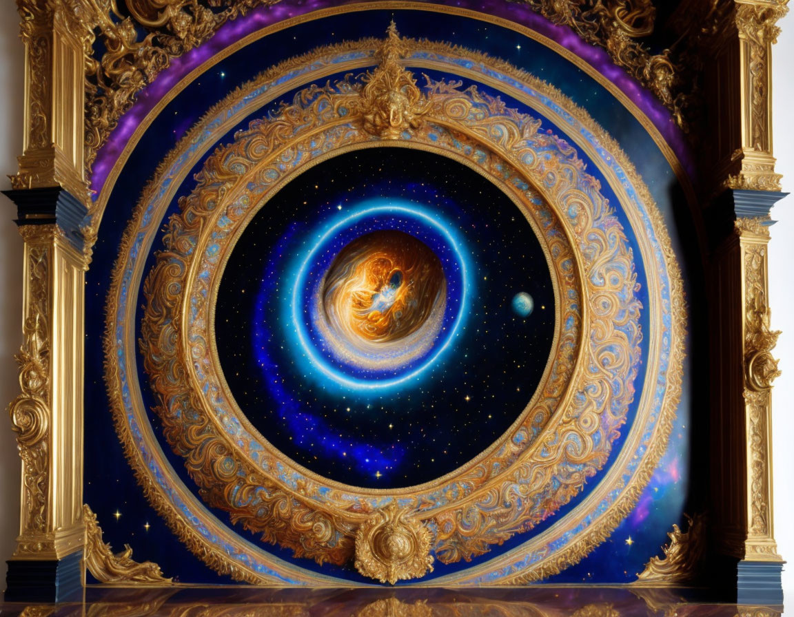 Golden Theater Stage Frame with Cosmic Spiral Galaxy and Stars on Deep Blue Background