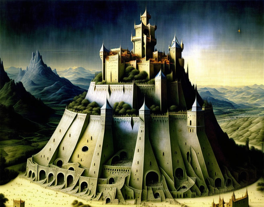 Expansive castle with towers and arches in fantasy landscape