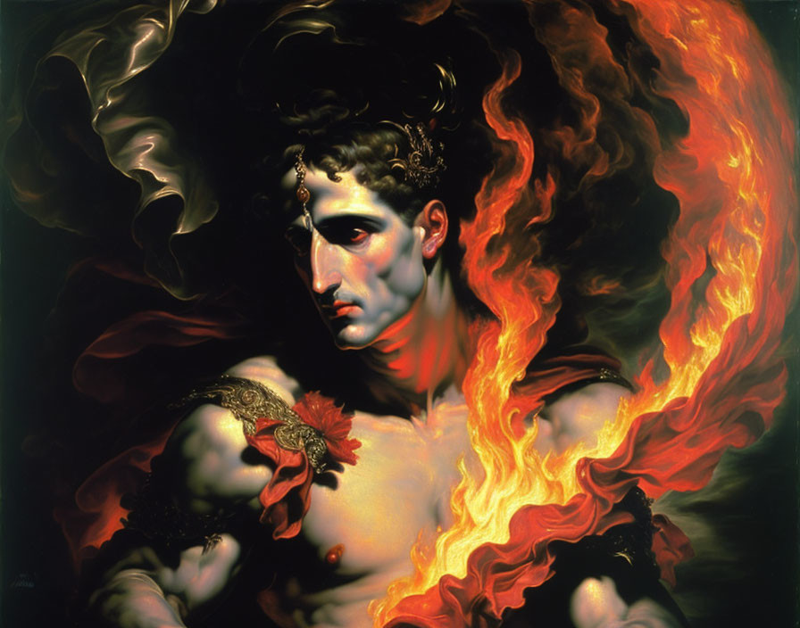 Intense painting of man in flames with laurel wreath