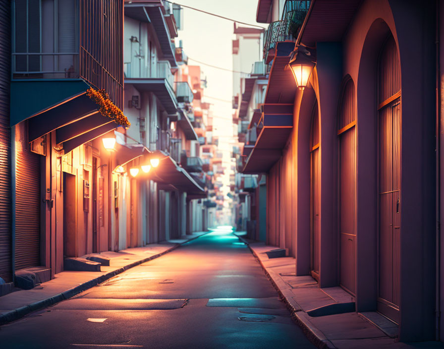 Serene city street at twilight with warm lighting