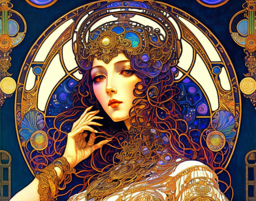 Detailed Art Nouveau Woman Illustration with Elaborate Jewelry & Vibrant Colors