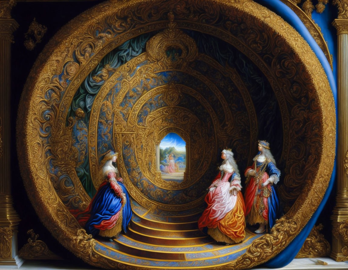 Ornate Spiral Staircase with Golden Decorations and Regal Figures