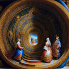 Ornate Spiral Staircase with Golden Decorations and Regal Figures