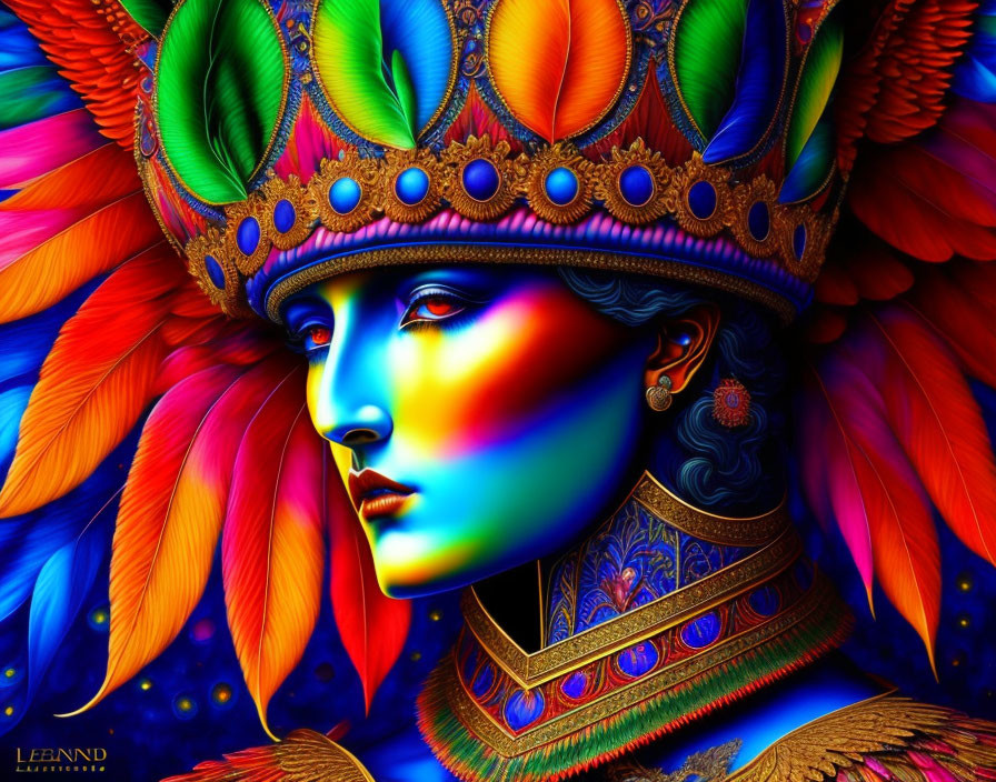 Vibrant digital portrait of a woman with feathered headdress and rainbow lighting