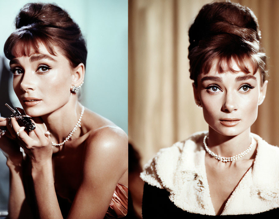 Portrait of Woman in Elegant Black Dress with Pearl Jewelry