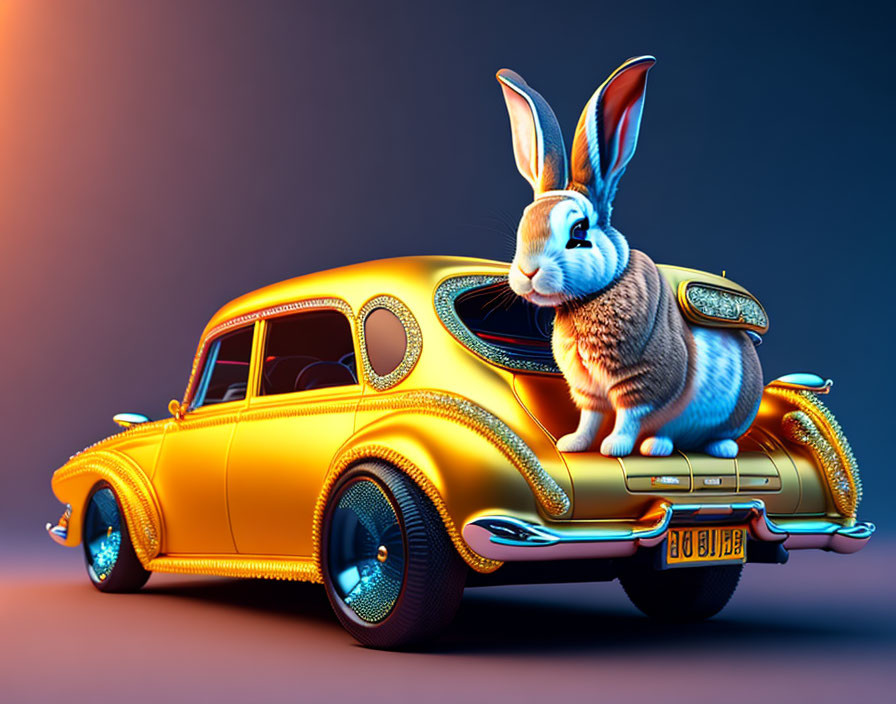 Realistic rabbit on golden car with blue highlights and gradient background