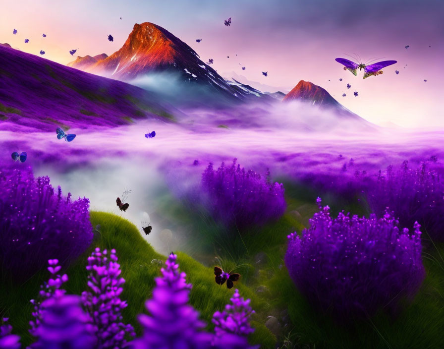 Fantasy landscape with purple flowers, butterflies, mist, and glowing mountains