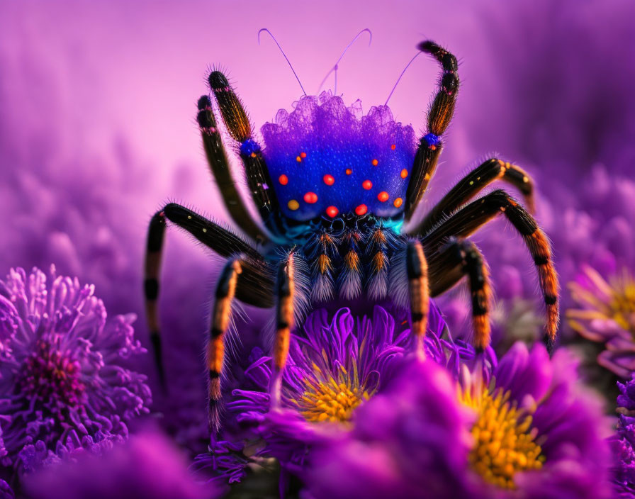 Colorful Spider with Blue and Orange Spots on Purple Flowers