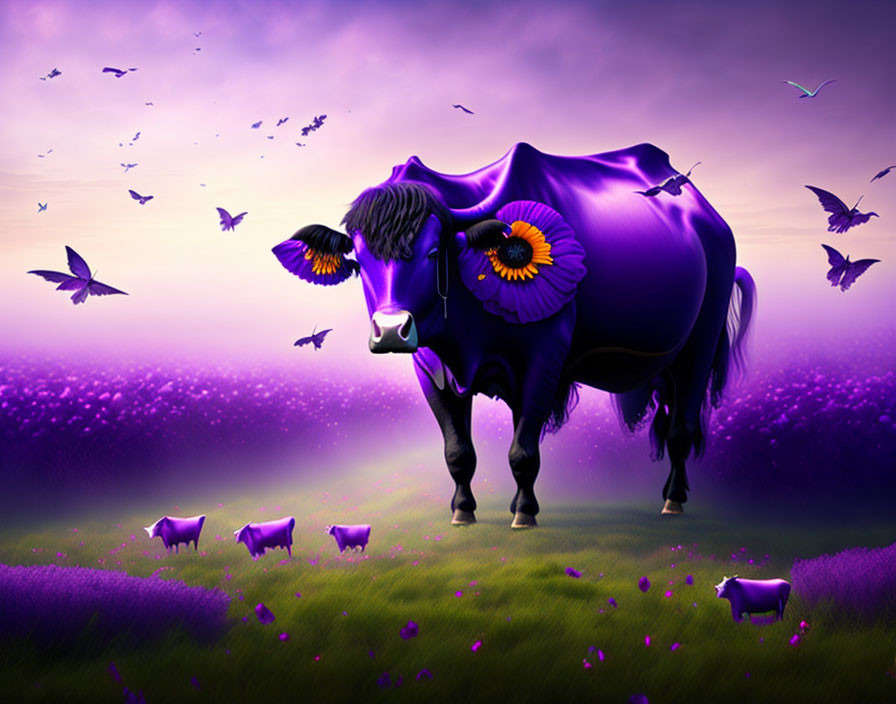 Violet cow with sunflower eyes in surreal purple meadow