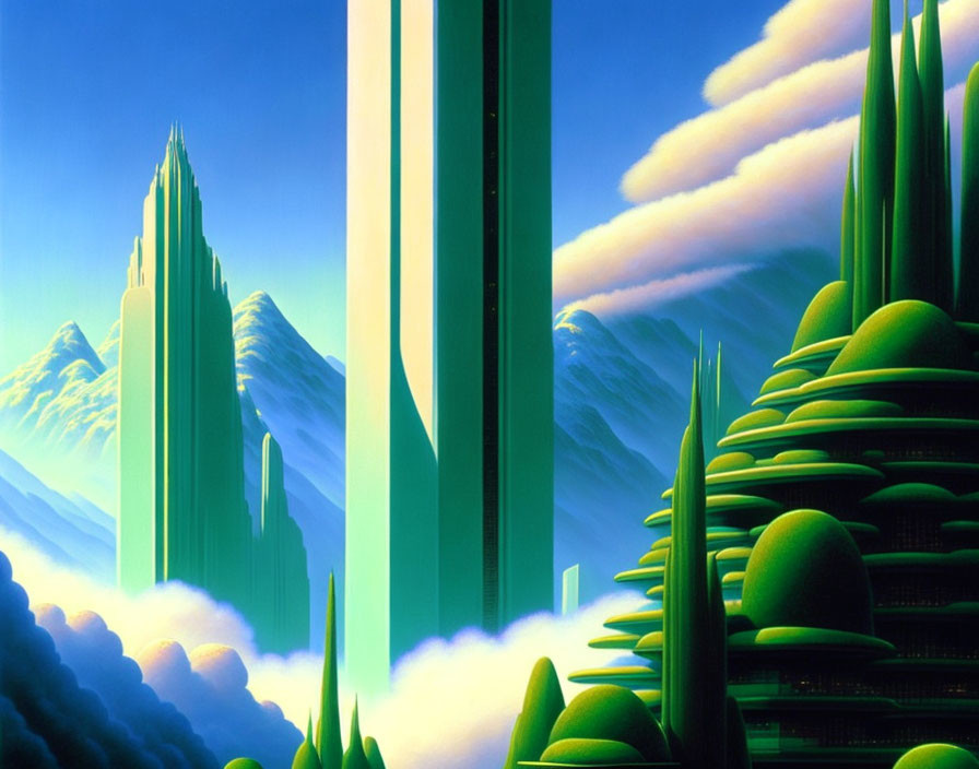 Futuristic green towers with pointed tips in a clear blue sky