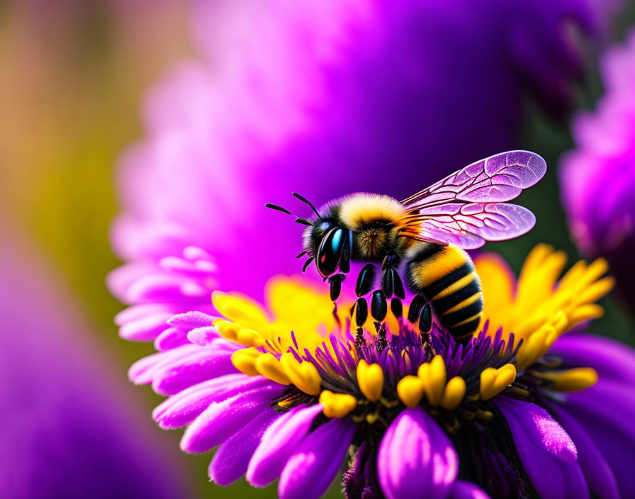 Transparent-winged bumblebee pollinating vibrant purple flower