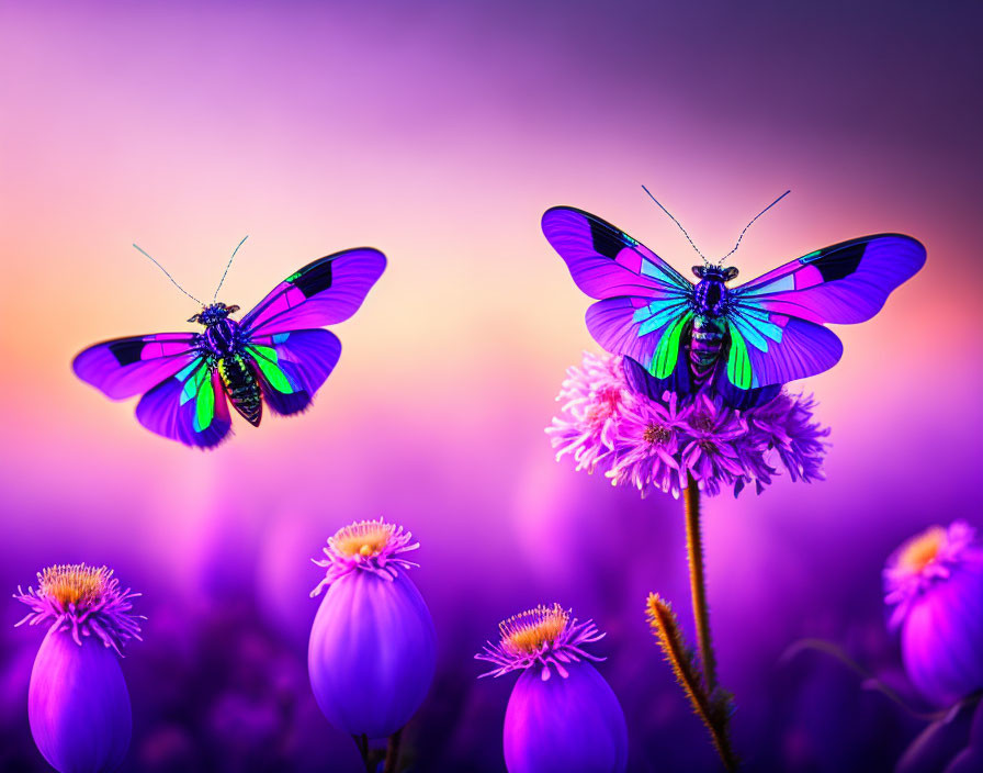 Iridescent butterflies on purple flowers with soft-focus purple and orange background