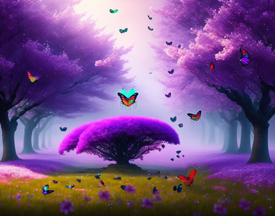 Colorful Landscape with Purple Trees, Yellow Flowers, and Butterflies