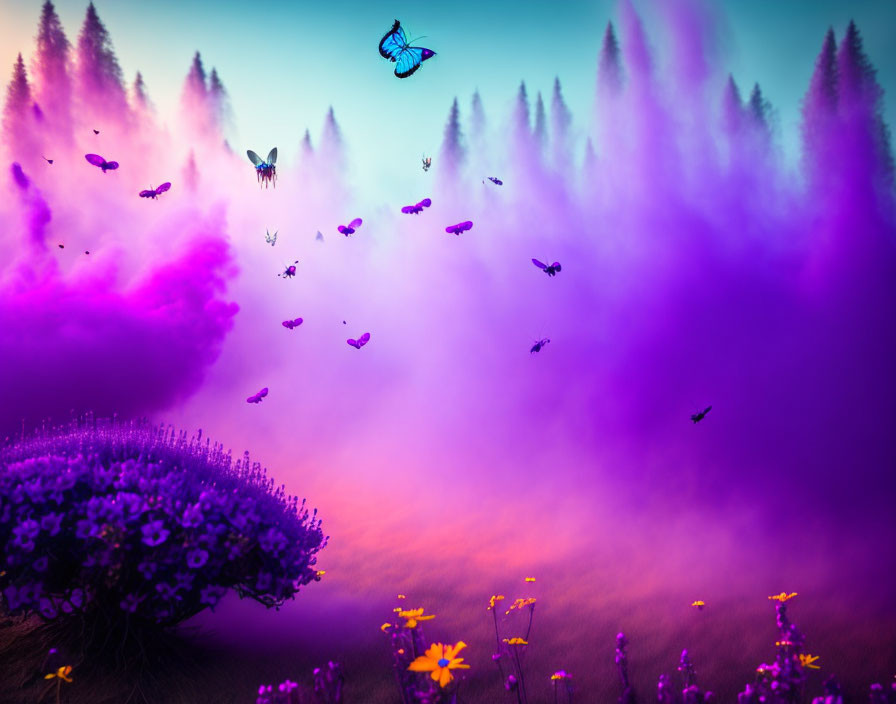 Colorful butterflies and purple haze in fantasy landscape