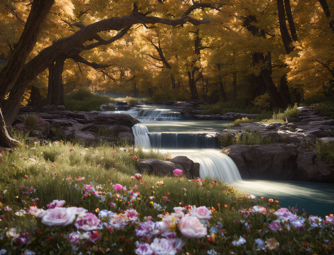 Tranquil waterfall in lush forest with blooming flowers