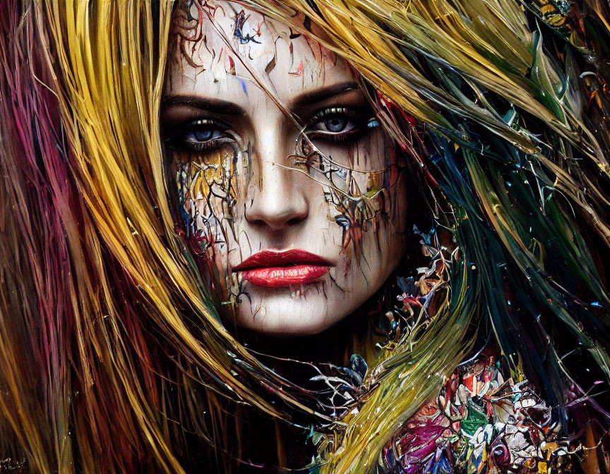 Multicolored hair and cracked glass face paint on a woman.