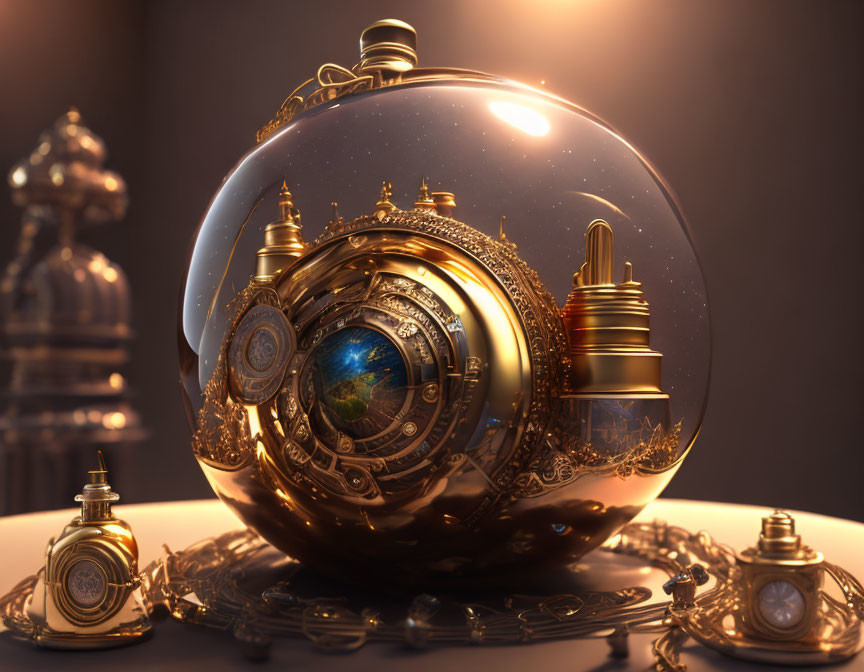 Ornate 3D-rendered golden spherical artifacts with intricate designs and Earth-like globe center