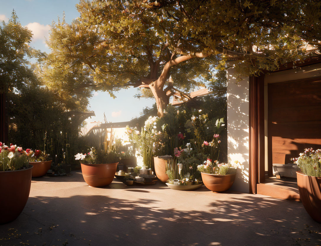 Colorful Flowers in Terracotta Pots on Sunlit Patio