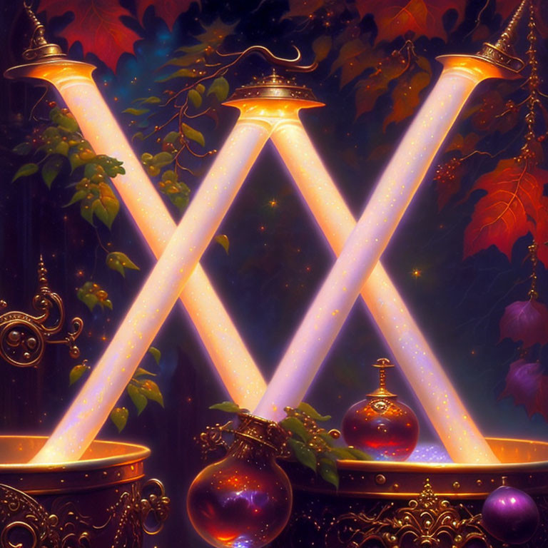 Glowing crossed swords above ornate railing with autumn leaves and mystical orbs.