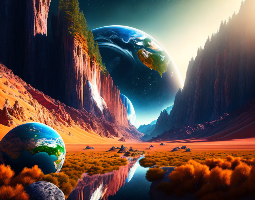 Surreal sci-fi desert landscape with oversized planets and water reflection