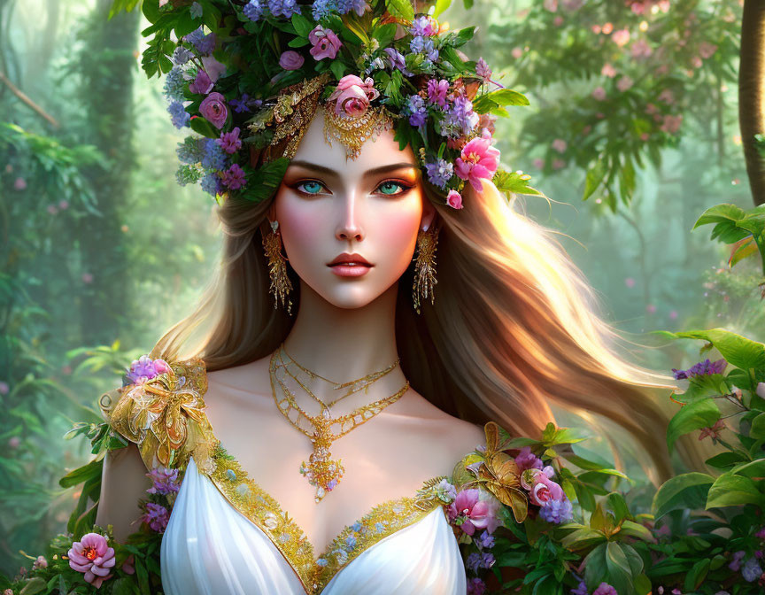 Digital artwork of woman with floral crown and gold jewelry in enchanted forest