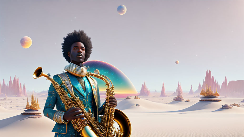 Man playing saxophone in surreal desert with floating spheres and fantastical rock formations