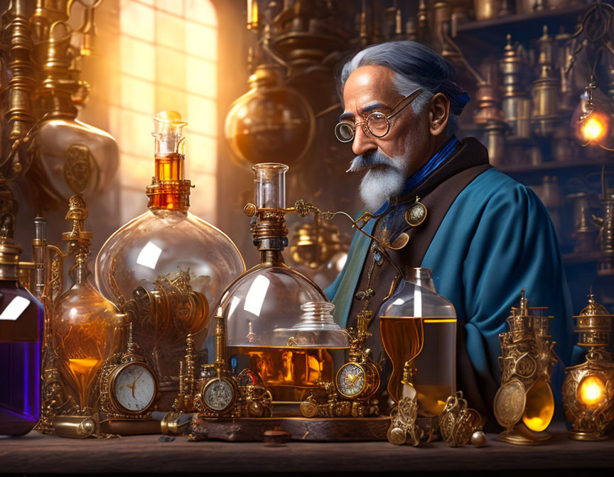 Elderly man in blue robe surrounded by steampunk gadgets and potion bottles