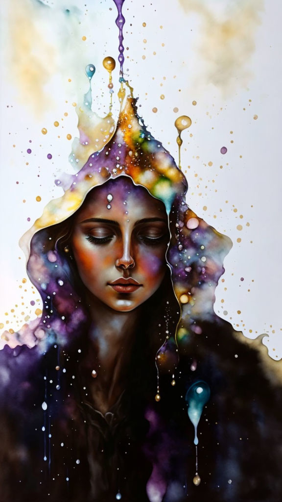 Vibrant surreal portrait of a woman with cosmic colors and watercolor drips