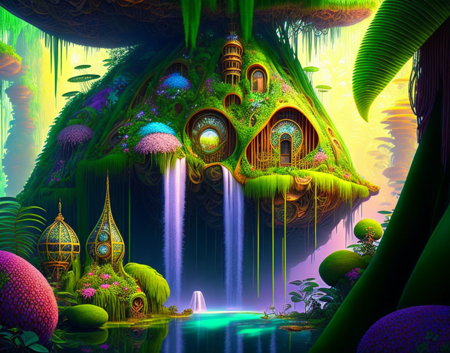 Colorful, intricate treehouse in enchanted forest with waterfalls & lush foliage