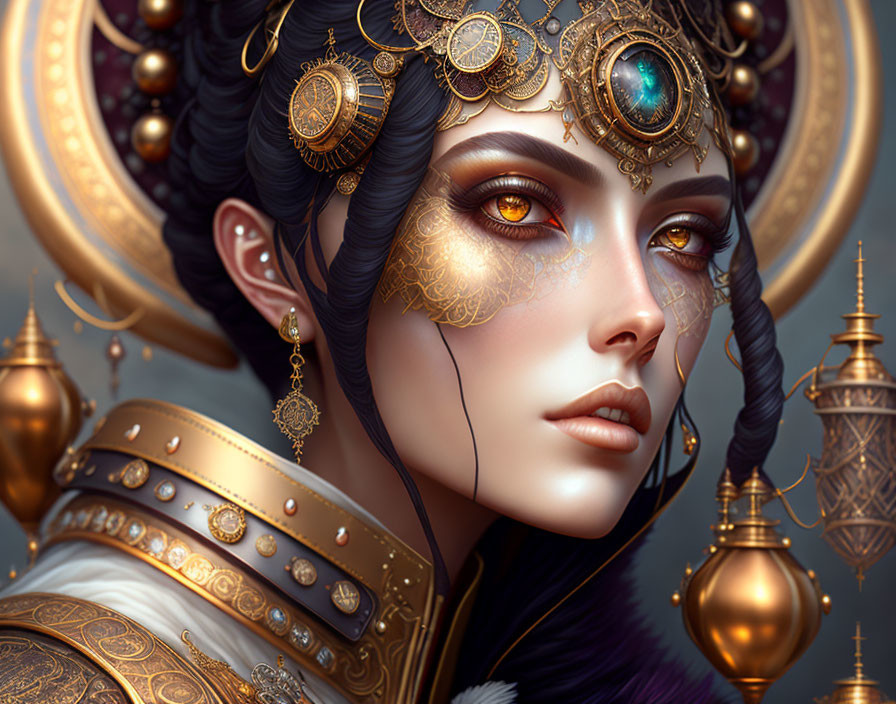 Fantasy portrait of a female character with golden jewelry and intricate headdress