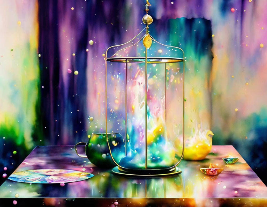 Colorful painting of glass lantern, teacup, and cosmic backdrop