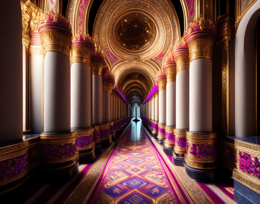 Luxurious corridor with golden arches, violet carpet, and ornate ceiling designs