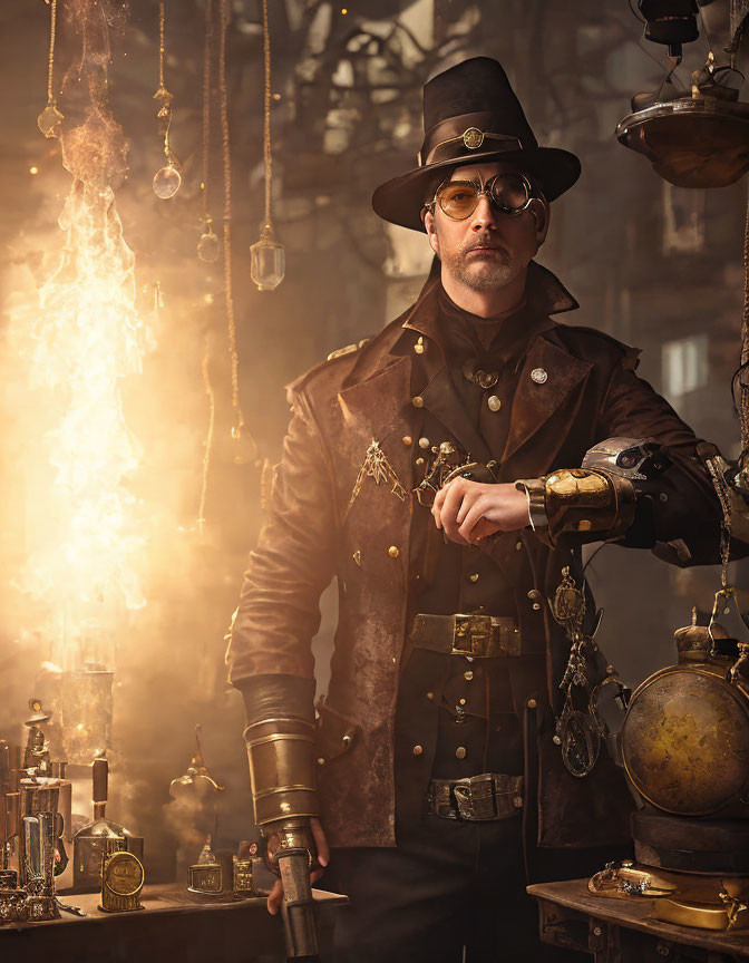 Steampunk-themed person surrounded by antique gadgets and flame burst